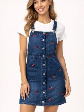 Billy T Cherry Embroidered Denim Overall Dress S NWT Button Front Pinafore